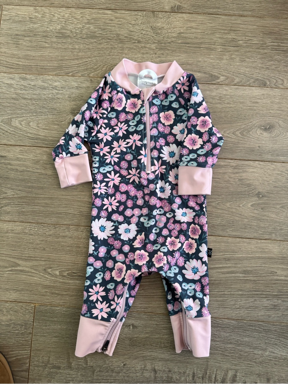Honeysuckle Floral Zip One-Piece Romper in Pink and Navy